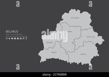 Mappa della Bielorussia. Mappa nazionale del mondo. Serie di mappe dei paesi di colore grigio. Illustrazione Vettoriale