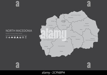 Mappa della Macedonia del Nord. Mappa nazionale del mondo. Serie di mappe dei paesi di colore grigio. Illustrazione Vettoriale