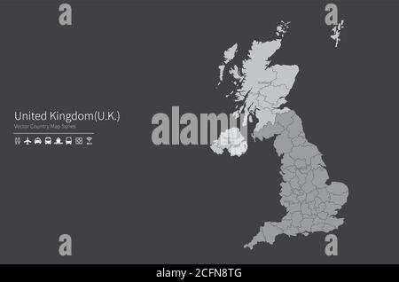 Mappa del Regno Unito. Mappa nazionale del mondo. Serie di mappe dei paesi di colore grigio. Illustrazione Vettoriale