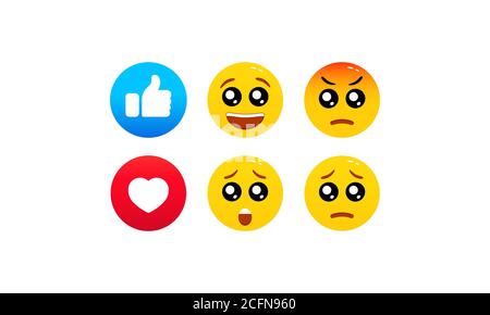 Come, emoji, emoticon piatta. Reazioni di social network. Elementi della chat di comunicazione. Vettore su sfondo bianco isolato. EPS 10 Illustrazione Vettoriale