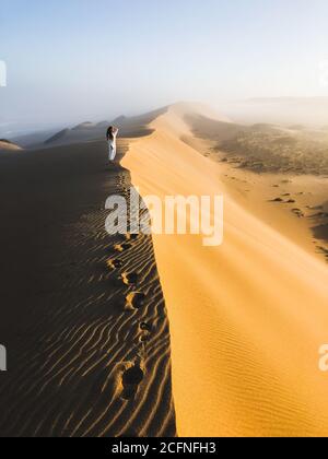 Donna che ama l'alba sulla cima di una enorme duna di sabbia. Bella luce solare calda e nebbia al mattino. Deserto del Sahara, Marocco. Foto Stock