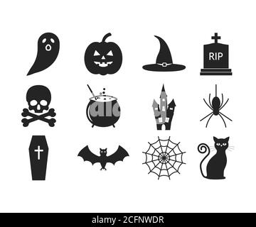 Set di icone Halloween. Illustrazione vettoriale, design piatto. Illustrazione Vettoriale
