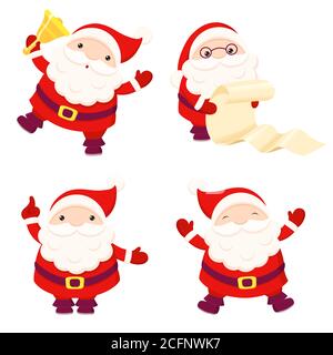 Set Natale di Babbo Natale. Collezione di Natale di clausole Santa felice in varie pose - saltando, tenendo campana, lettura elenco dei doni. Illustrazione vettoriale Illustrazione Vettoriale
