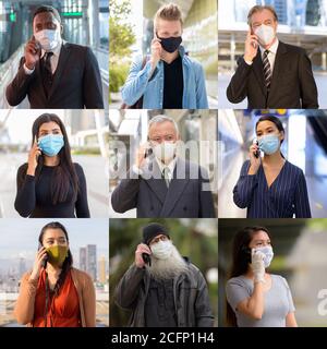 Collage di persone che indossano una maschera facciale protettiva e che parlano sopra il telefono Foto Stock