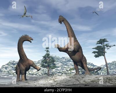 Dinosauri Alamosaurus che combattono in montagna - rendering 3D Foto Stock