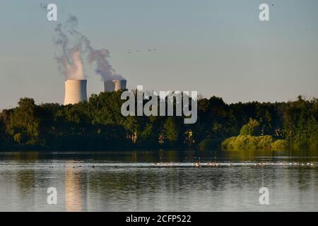 Uccelli che volano vicino alle torri di raffreddamento fumatori della centrale nucleare. Temelin, Repubblica Ceca Foto Stock