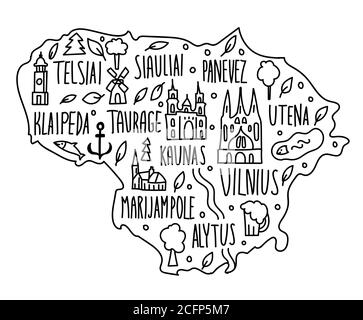 Mappa lituana del doodle disegnata a mano. Lituano nomi città scritte e cartoni animati punti di riferimento, attrazioni turistiche clipart. Viaggio, banner concept design Illustrazione Vettoriale