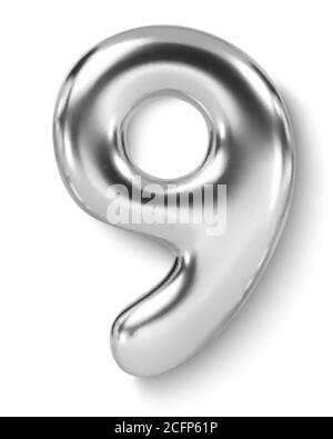 Numero d'argento Balloon 9 nove. Carattere 3D realistico vettoriale Illustrazione Vettoriale