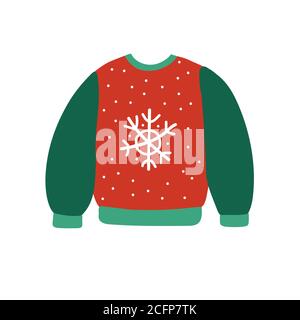 Caldo pullover invernale con fiocco di neve bianco. Outerwear verde e rosso. Concetto accogliente di Hugge. Illustrazione vettoriale isolata su sfondo bianco Illustrazione Vettoriale