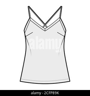 Camisole illustrazione tecnica della moda con collo a V lusinghiero, spalline incrociate con spaghetti, vestibilità rilassata. Modello di abbigliamento da esterno piatto, colore grigio. Donna, uomo maglia unisex top mockup CAD Illustrazione Vettoriale