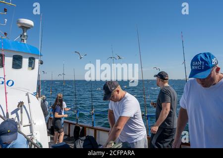 Malmo, Svezia - 6 agosto 2020: Persone in un viaggio di pesca in cerca di Codfish e sgombro. Oceano blu e cielo sullo sfondo Foto Stock