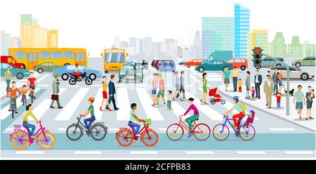 Ciclisti sulla pista ciclabile in città con strada traffico e pedoni Illustrazione Vettoriale