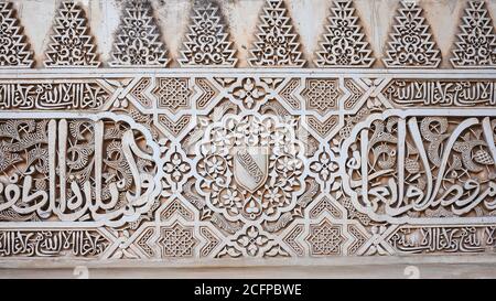 Muro dei palazzi Nasridi con iscrizioni arabiche e intricate Modelli nell'Alhambra Foto Stock