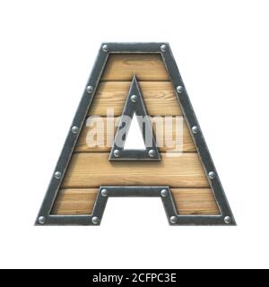 Carattere in legno con telaio in metallo e rivetti, lettera di rendering 3d A Foto Stock