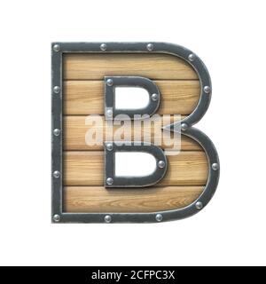 Carattere in legno con telaio in metallo e rivetti, lettera di rendering 3d A Foto Stock