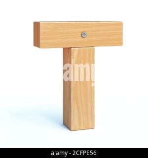 Carattere legno, alfabeto 3d fatto di parti in legno, rendering 3d, lettera T Foto Stock