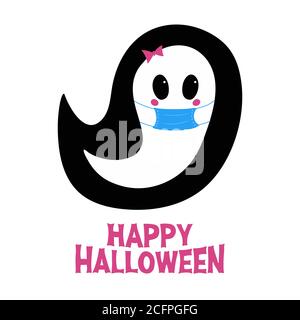 Cute ragazza fantasma in maschera medica blu con rosa arrossamento, arco e felice Halloween lettering. Biglietto d'auguri per le festività. Isolato su sfondo bianco. Vettore Illustrazione Vettoriale