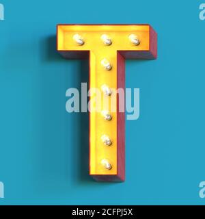 Font incandescente lampadina, carattere alfabeto 3d, rendering 3d, lettera T. Foto Stock