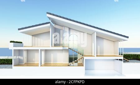 Sezione trasversale domestica moderna, adatta per sovrapposizione infografica di abitazioni intelligenti o sostenibili, rendering 3d Foto Stock