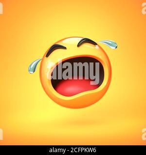 Emoji piangente isolato su sfondo giallo, emoticon in Tears 3d rendering Foto Stock