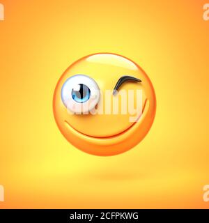 Emoji winking isolato su sfondo giallo, emoticon facciali sorridenti rendering 3d Foto Stock