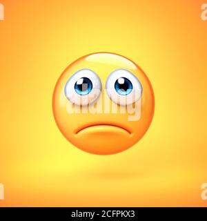 Sad emoji isolato su sfondo giallo, emoticon premuto rendering 3d Foto Stock