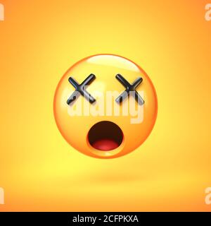 Emoji a faccia morta isolato su sfondo giallo, occhi incrociati emoticon rendering 3d Foto Stock