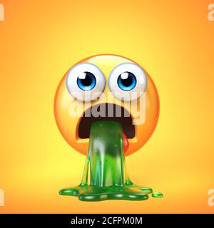 Puking emoji isolato su sfondo giallo, emoticon disgustato o malato, vomito emoji 3d rendering Foto Stock
