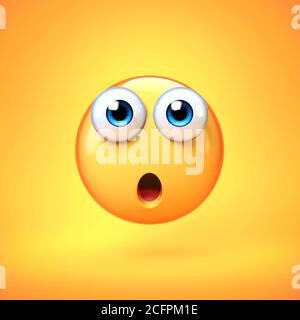 Emoji sorpreso isolato su sfondo giallo, emoticon sconvolto rendering 3d Foto Stock