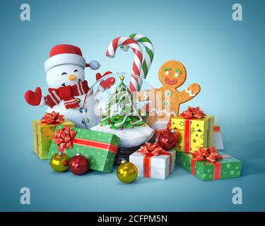 Cartolina di Natale, regali, pupazzo di neve, uomo di pan di zenzero, bastoncini di caramella, palla di neve con albero di Natale e altre decorazioni rendering 3d Foto Stock