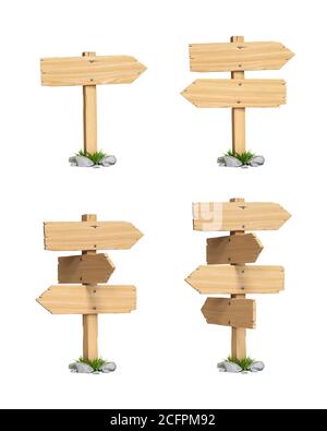 Segnaletica, cartelli, guide, cartelli stradali in legno su crocevia 3d rendering Foto Stock