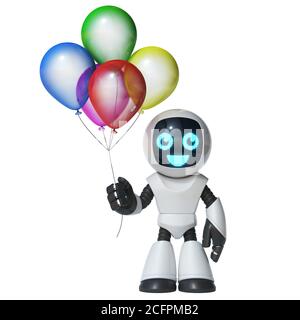 Piccolo robot che tiene palloncini, rendering 3d Foto Stock