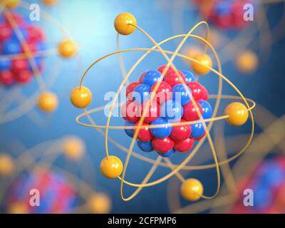 Rendering 3d degli atomi, protoni neutroni ed elettroni Foto Stock