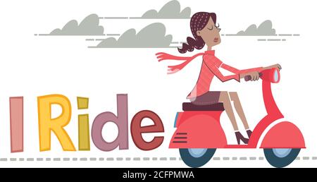 Un'illustrazione di stile retrò di una donna che guida una motocicletta. Illustrazione Vettoriale