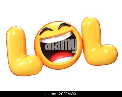 Lol Emoji isolato su sfondo bianco, ridendo emoticon viso 3d rendering Foto Stock