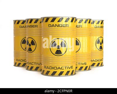 Rifiuti radioattivi barili gialli con simbolo radioattivo rendering 3d Foto Stock