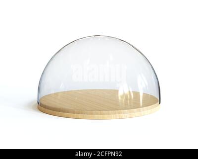 Cupola di vetro sulla piastra di legno isolata su sfondo bianco, rendering 3d Foto Stock