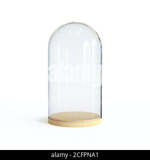 Cupola di vetro sul vassoio di legno, campana di vetro isolata su sfondo bianco rendering 3d Foto Stock