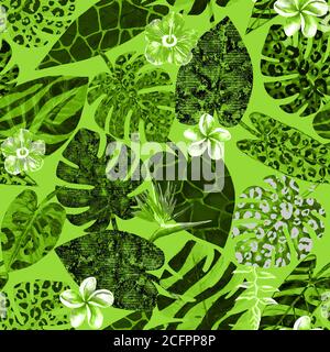 Disegno astratto blu acquerello senza giunture con piante esotiche tropicali. Acquerello Drawn Palms, Monstera, Philodendron, Frangipani, Hibiscus con Foto Stock