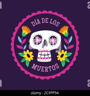 Etichetta giorno dei morti (Día de Muertos). Cartoon messicano cranio femminile in una cornice decorativa. Simpatica illustrazione vettoriale. Illustrazione Vettoriale