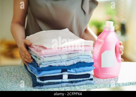 Closeup su donna con asse da stiro, mucchio di vestiti piegati e bottiglia rosa di condizionatore di tessuto a casa in giornata di sole. Foto Stock