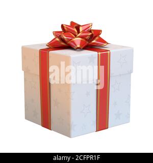 Confezione regalo con arco rosso e nastro, rendering 3d presente bianco Foto Stock