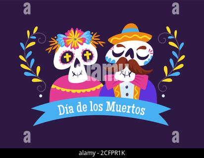 Giorno dei morti - etichetta dia de los Muertos. Coppia di cranio messicano Cartoon. Simpatica illustrazione vettoriale. Illustrazione Vettoriale