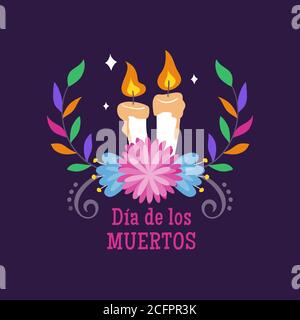 Etichetta giorno dei morti (Día de Muertos). Candele cartoon e fiori decorativi messicani. Simpatica illustrazione vettoriale. Illustrazione Vettoriale