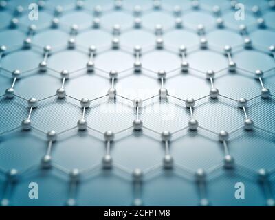 Griglia molecolare grafene, concetto di struttura atomica grafene, forma geometrica esagonale, rendering 3d di sfondo nanotecnologico Foto Stock