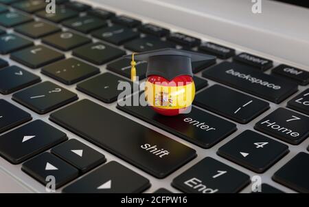 Impara lo spagnolo online 3d Concept, bandiera spagnola con tappo graduato sulla tastiera del computer portatile rendering 3d Foto Stock