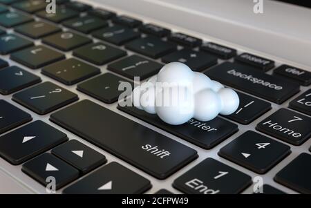 Concetto 3d di cloud computing: Cloud sulla tastiera del notebook, rendering 3d Foto Stock
