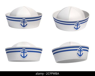 Cappello marinaio con emblema di ancoraggio blu da varie viste 3d rendering Foto Stock