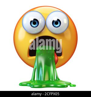 Puking emoji isolato su sfondo bianco, emoticon disgustato o malato, vomito emoji 3d rendering Foto Stock