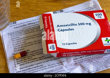 Fotografia di un pacchetto aperto di capsule di amoxicillina, un farmaco antibiotico comune usato per trattare le infezioni Foto Stock